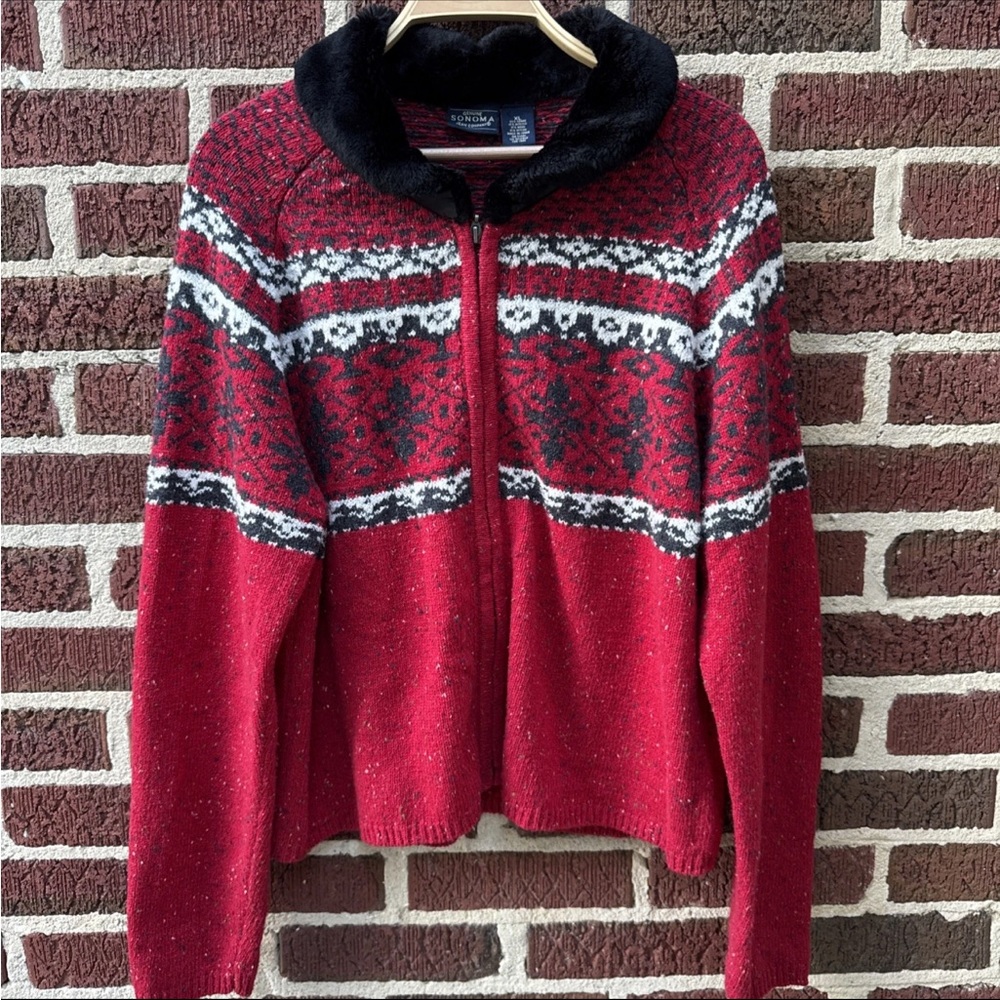 Genuine Sonoma Women’s Size XL holiday Zip Sweater Lambswool Blend fur collar